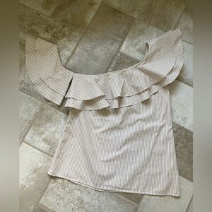 REVOLVE L'Academie Beige/White Striped Off-Shoulder Top